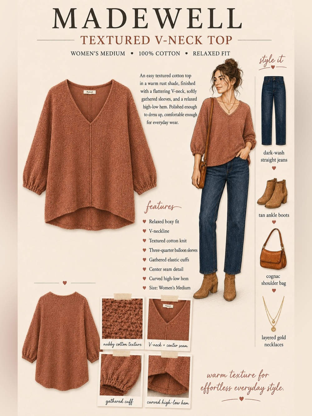 Madewell Burnt Orange V-Neck Textured Long-Sleeve Top